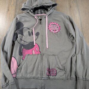 Disney Hoodie Womens XL Gray Full Zip Long Sleeve Pink Mickey Mouse Graphic